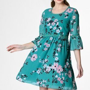 eShakti Ruffle Cuff Teal Floral Print Tunic Mini Dress w Pockets / Sz 20